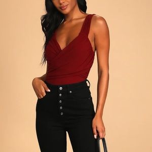 Lulus Savor the moment burgundy wine red wrap mesh sleeveless bodysuit